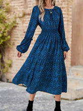 Smocked Round Neck Balloon Sleeve Midi Dress