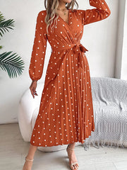 Front Tie Polka Dot Midi Pleated Dress