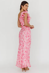 Deanna One-Shoulder Ruffle Midi Dress Floral Pink