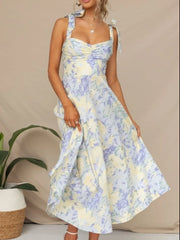 Floral Tie-Strap Sweetheart Neck Midi Dress