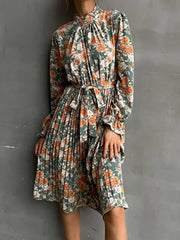 Floral Print Long Sleeve Pleated Midi Dress