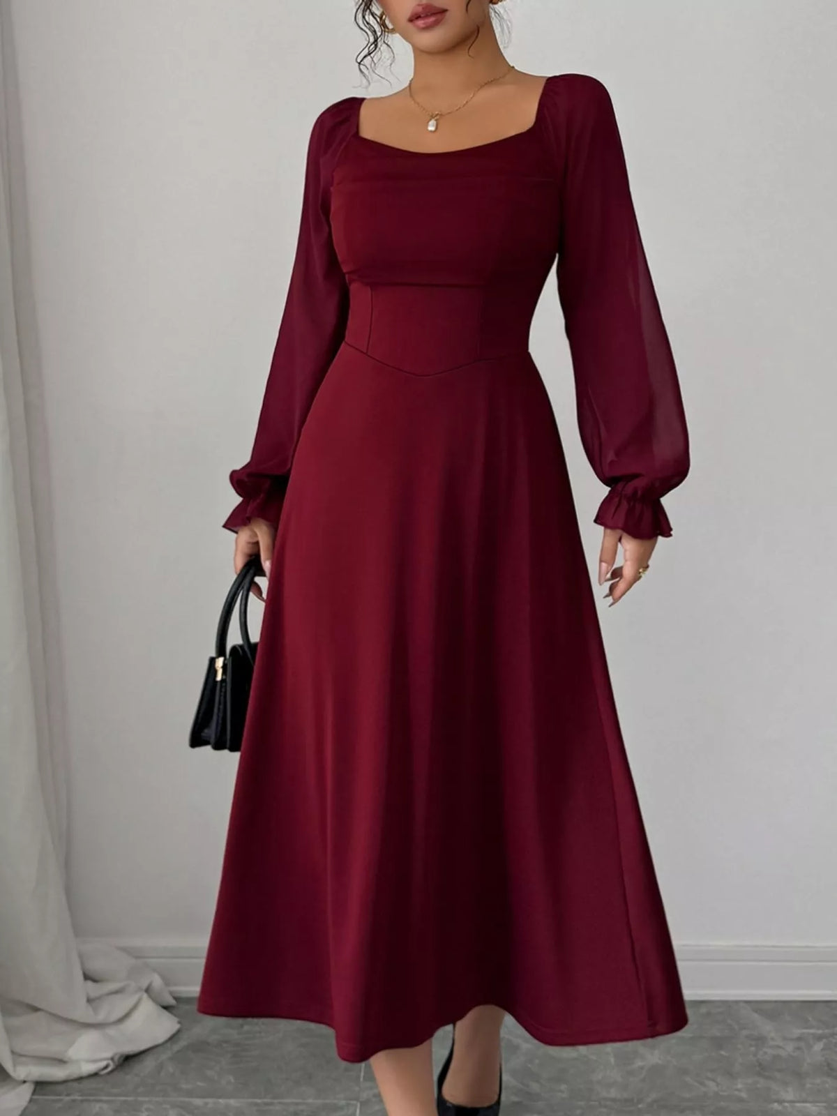 Flounce Sleeve A-Line Midi Dress