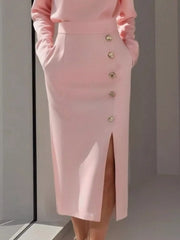 Long Sleeve Button Detail Midi Dress with Side Slit
