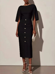 Slit Sleeve Midi Dress with Decorative Button
