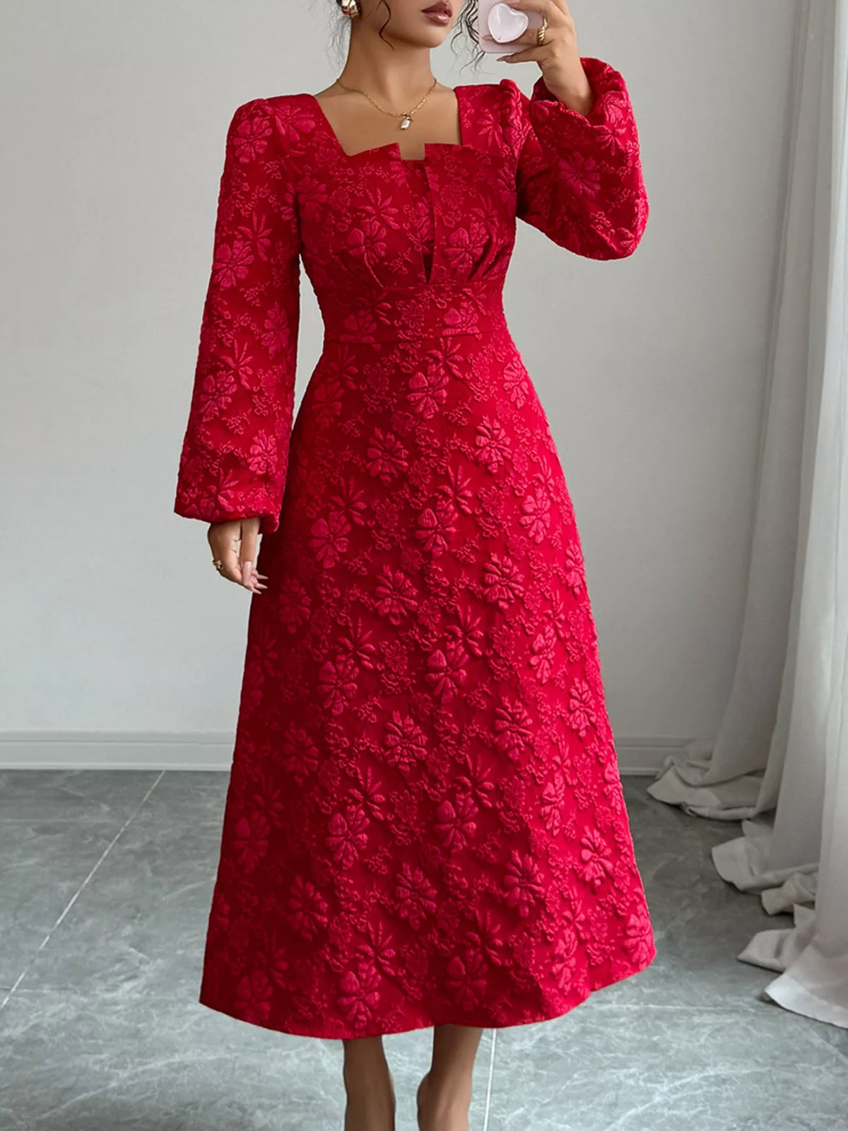 Floral Balloon Sleeve Midi Dress